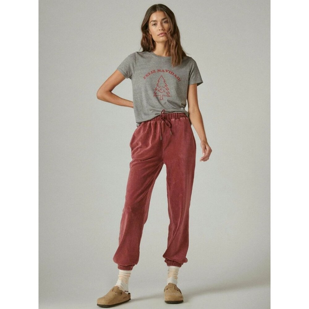 New LUCKY BRAND Slouchy Ribbed Velour Jogger XL Wine Red Lounge Stretch Pant